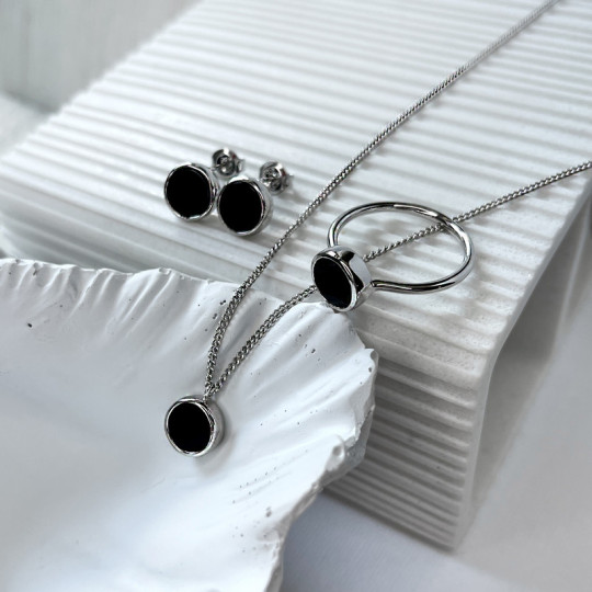 Collana in onice nero naturale, argento 925 rodiato, lunghezza regolabile 42+3 cm