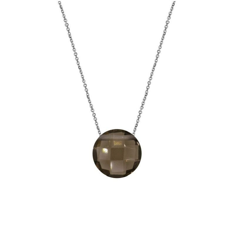 Collier en quartz fumé naturel, argent 925 rhodié, longueur ajustable 42+3 cm