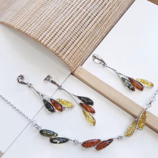 Collier en ambre multicolore, argent 925 rhodié, longueur ajustable 42+4 cm