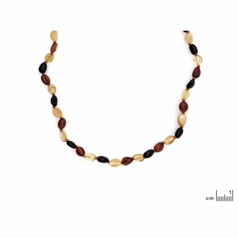 Baby necklace in multi-colored olive amber, clip clasp, length 32 - 33 cm