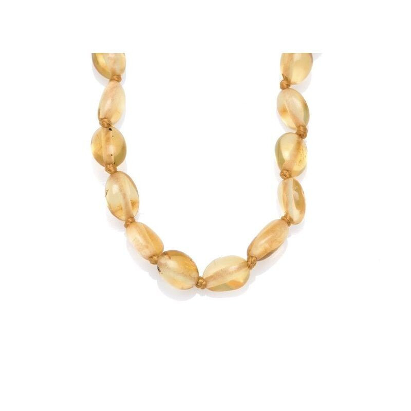 Collana per noenati in ambra color miele e oliva, chiusura a clip, lunghezza 32 - 33 cm