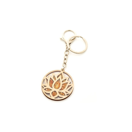 Porte clés lotus en ambre de la mer Batlique et bois de bouleau