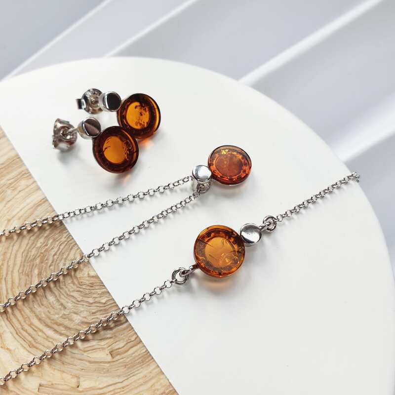 Cognac amber necklace, rhodium-plated 925 silver, adjustable length 42+3 cm