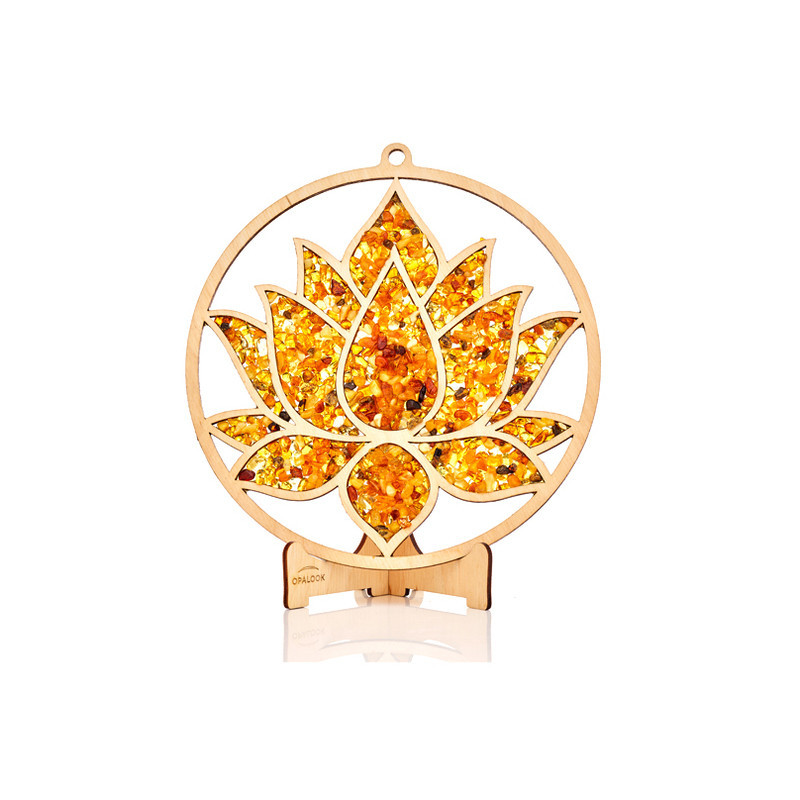 Plaque de rechargement et déco fleur de lotus en bouleau et en ambre, 20 cm