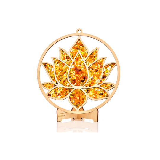 Plaque de rechargement et déco fleur de lotus en bouleau et en ambre, 20 cm