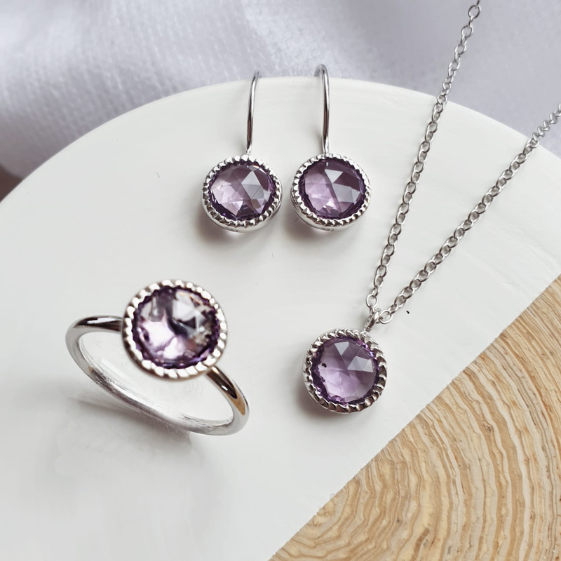 Amethyst necklace, rhodium-plated 925 silver, adjustable length 42+3 cm
