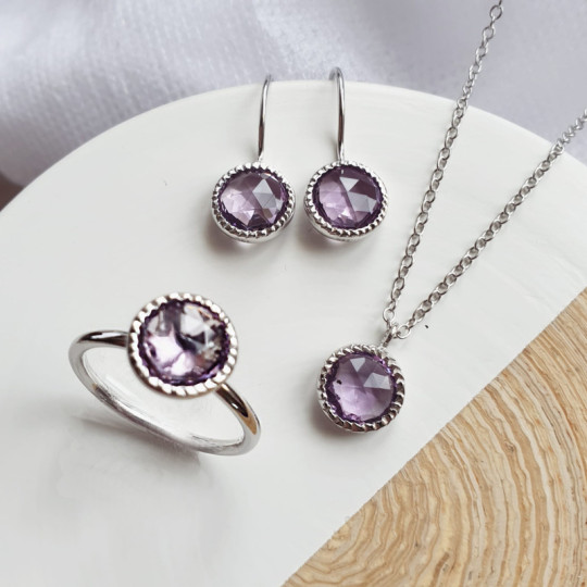 Collier en améthyste, argent 925 rhodié, longueur ajustable 42+3 cm