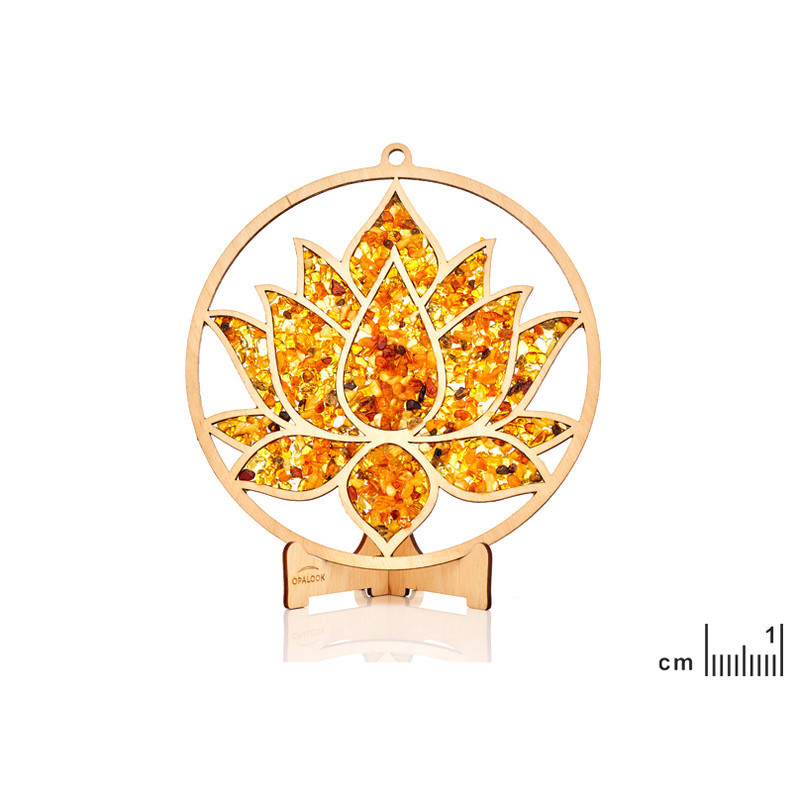 Plaque de rechargement et déco fleur de lotus en bouleau et en ambre, 20 cm