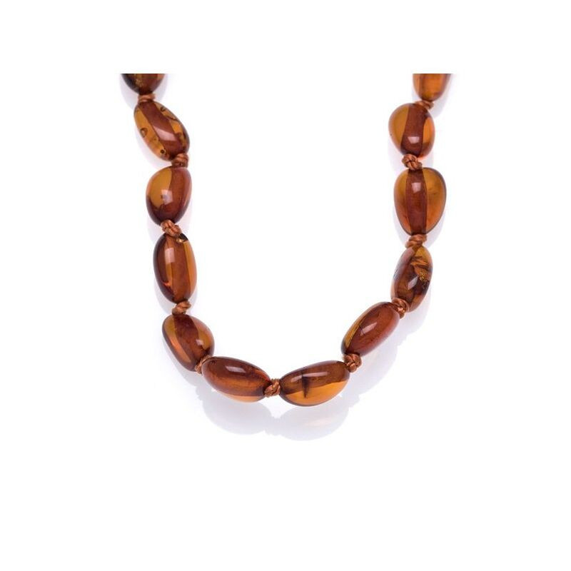 Collier bébé en ambre cognac olive, fermoir clip, longueur 32 - 33 cm