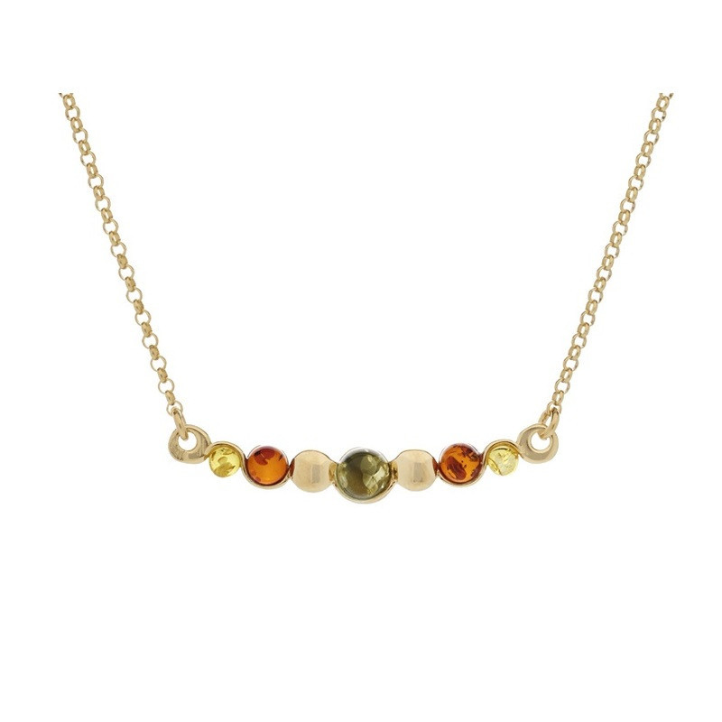 Collier en ambre multicolore, argent 925 doré, longueur ajustable 42+4 cm