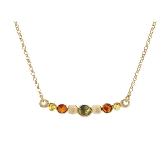 Collier en ambre multicolore, argent 925 doré, longueur ajustable 42+4 cm
