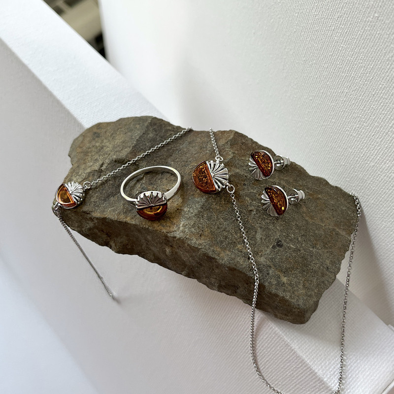 Natural cognac amber necklace, rhodium-plated 925 silver, adjustable length 45+5 cm