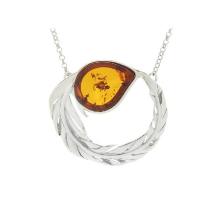 Collier en ambre cognac naturel, argent 925 rhodié, longueur ajustable 46+5 cm