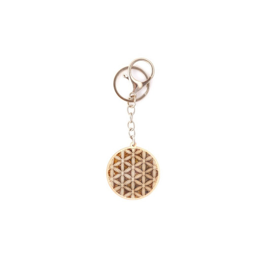 Porte clés fleur de vie en bouleau, métal et ambre, diamètre 4 cm