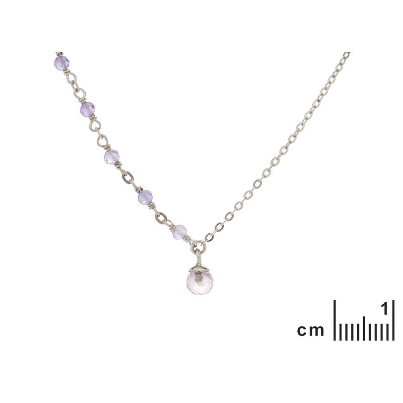 Amethyst- und Rosenquarz-Collier, rhodiniertes 925er Silber, verstellbar 42+3 cm