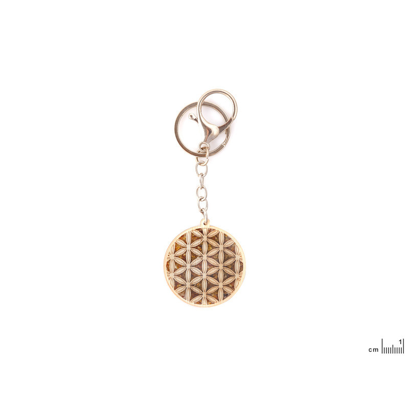 Porte clés fleur de vie en bouleau, métal et ambre, diamètre 4 cm
