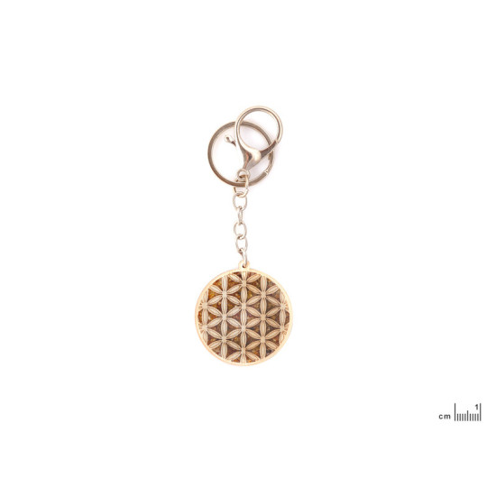 Porte clés fleur de vie en bouleau, métal et ambre, diamètre 4 cm