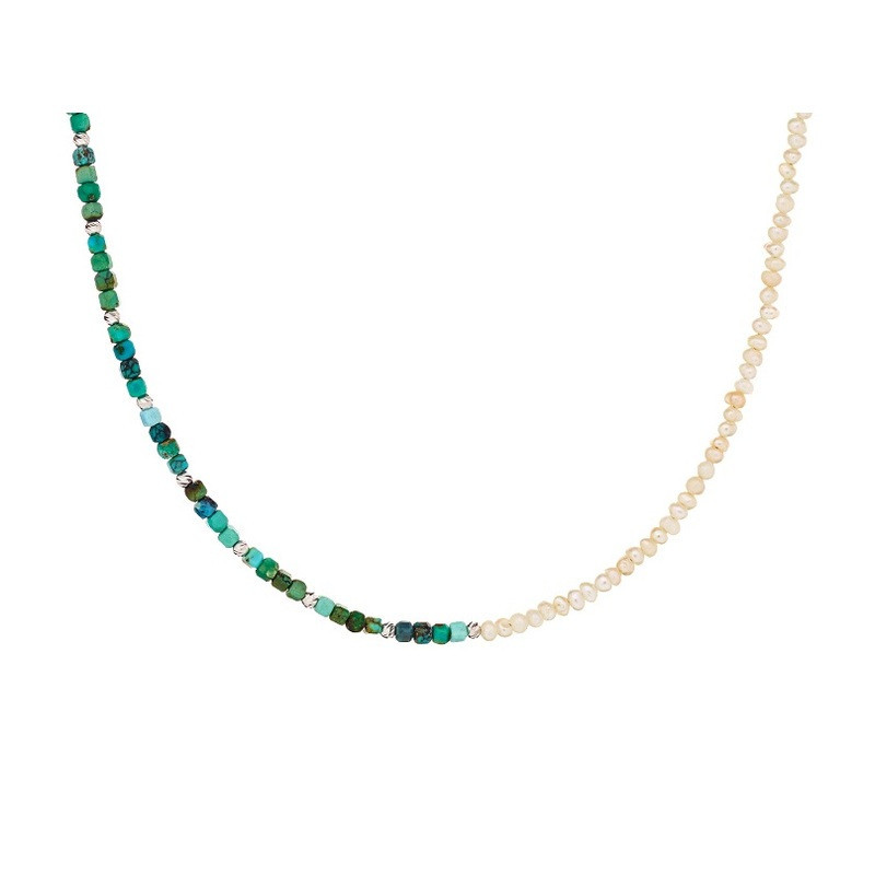 Collier en turquoise et perles, argent 925 rhodié, longueur ajustable 33 + 5 cm