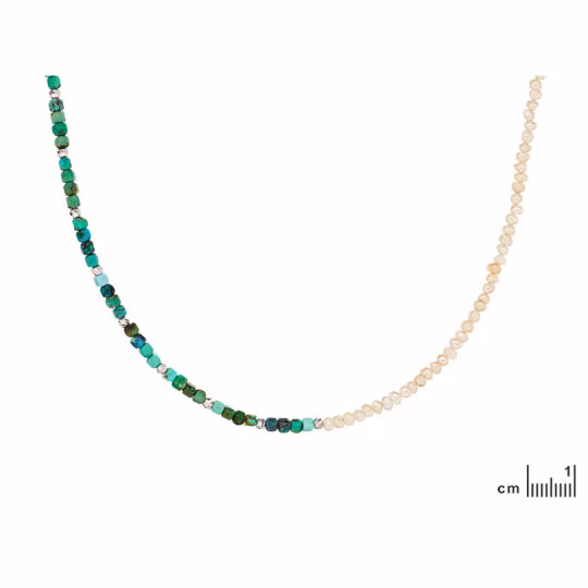 Collier en turquoise et perles, argent 925 rhodié, longueur ajustable 33 + 5 cm