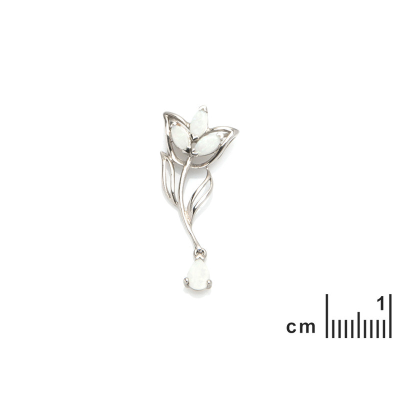 Pendentif fleur en opale blanche, argent 925 rhodié, diamètre 1,3x3,3 cm