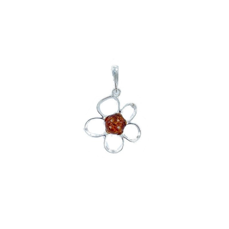 Natur-Bernstein-Blumenanhänger, Cognac, 925 Silber, Durchmesser 2,2x2,2+1 cm