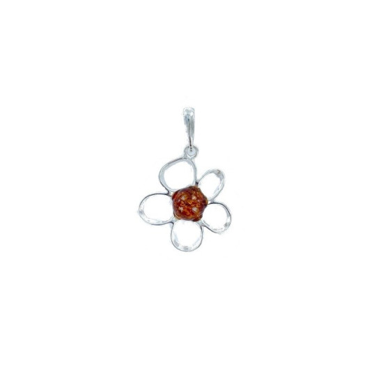 Colgante de flor de ámbar coñac natural, plata 925, diámetro 2,2 x 2,2 + 1 cm