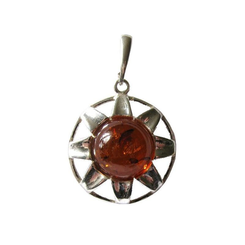 Colgante de ámbar coñac natural, plata 925, diámetro 2+1 cm