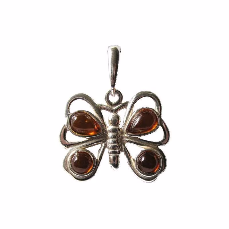 Ciondolo a forma di farfalla in ambra naturale color cognac, argento 925, diametro 2x1,8+1 cm