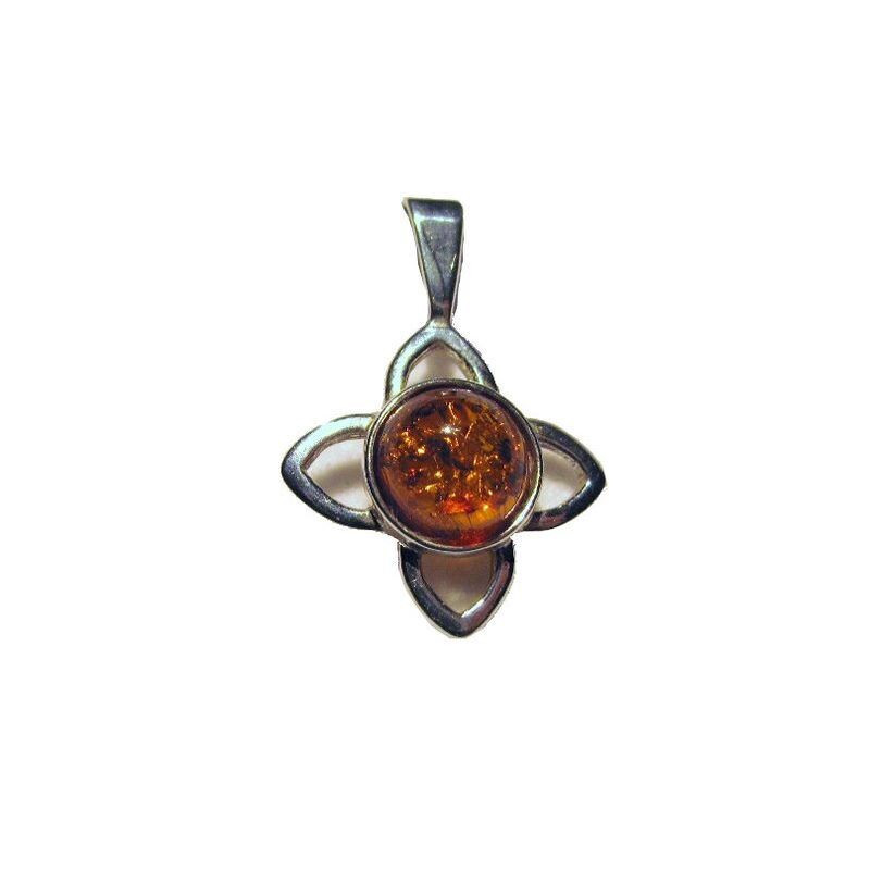 Ciondolo in ambra naturale color cognac, argento 925, diametro 1,7x1,7+0,8 cm