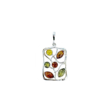 Ciondolo rettangolare in ambra multicolore, argento 925, diametro 2,5x3+1 cm