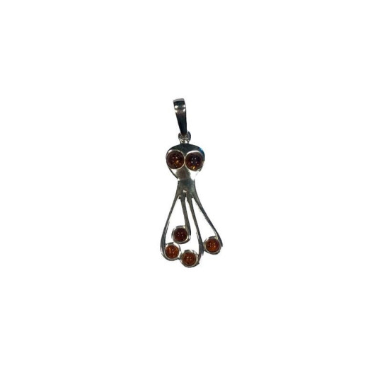 Ciondolo polpo in ambra cognac, argento 925 rodiato, diametro 1,5x3+1 cm