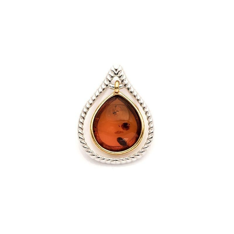 Pendentif goutte en ambre cognac naturel, argent 925 rhodié, diamètre 1,3x1,7 cm