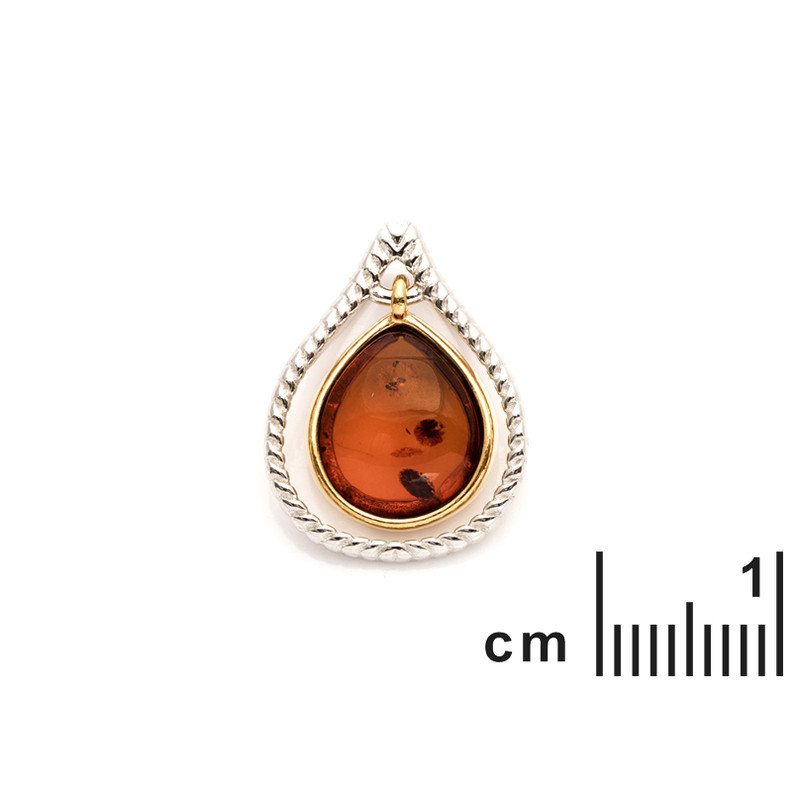 Pendentif goutte en ambre cognac naturel, argent 925 rhodié, diamètre 1,3x1,7 cm