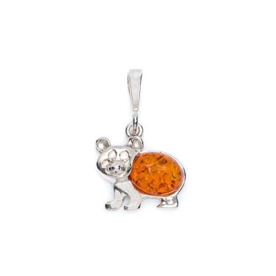 Ciondolo panda in ambra cognac, argento 925 rodiato, diametro 1,7x1,3+1 cm
