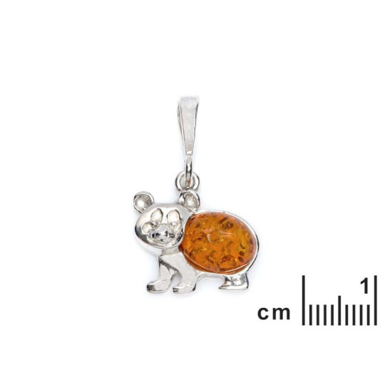 Ciondolo panda in ambra cognac, argento 925 rodiato, diametro 1,7x1,3+1 cm