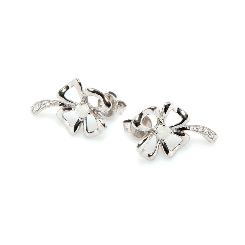 Clous d'oreilles fleurs en opale et oxyde de zirconium, en argent 925 rhodié