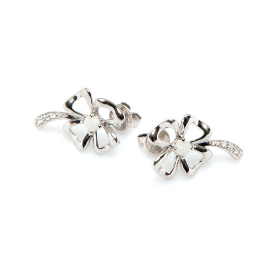 Clous d'oreilles fleurs en opale et oxyde de zirconium, en argent 925 rhodié