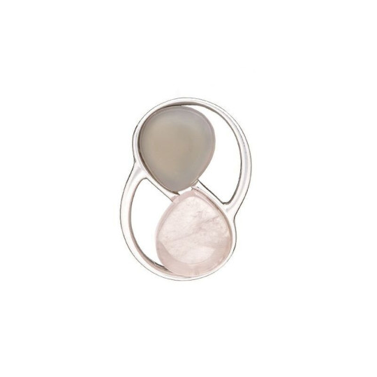 Pendentif quartz rose naturel et agate, argent 925 rhodié, diamètre 1,5x2,5 cm