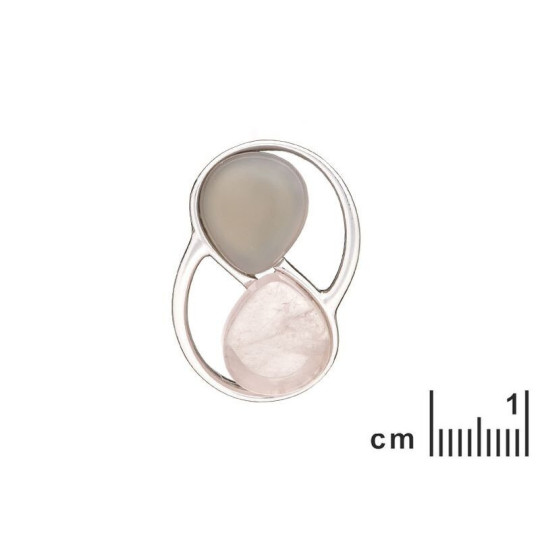 Pendentif quartz rose naturel et agate, argent 925 rhodié, diamètre 1,5x2,5 cm