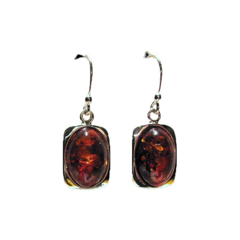 Boucles d'oreilles pendantes en ambre cognac ovale, en argent 925
