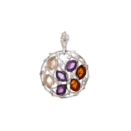 Ciondolo multipietra, ambra e quarzo, argento 925 rodiato, diametro 2,7x1+2,7 cm