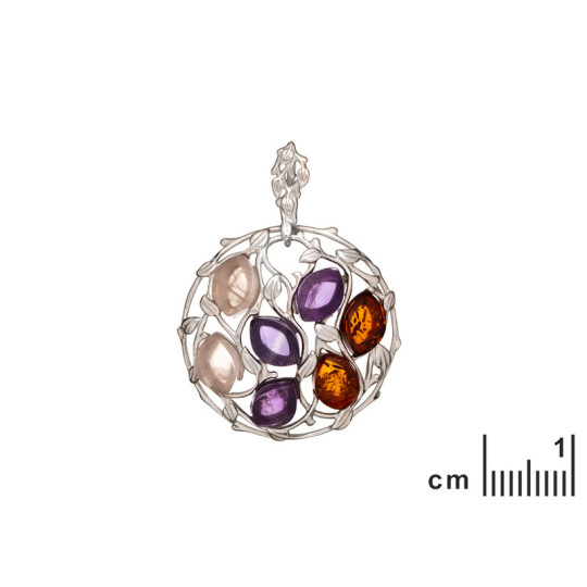 Ciondolo multipietra, ambra e quarzo, argento 925 rodiato, diametro 2,7x1+2,7 cm