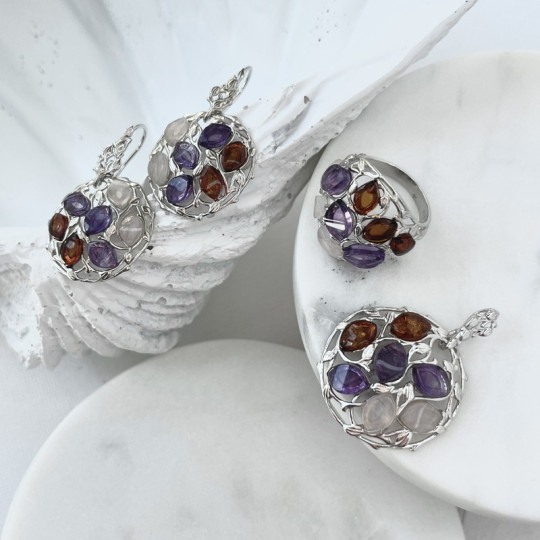 Multi-stone pendant, amber and quartz, rhodium-plated 925 silver, diameter 2.7x1+2.7 cm