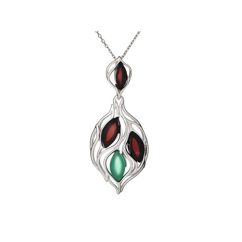 Pendentif ambre naturel et agate, argent 925 rhodié, diamètre 1,8x4,3 cm
