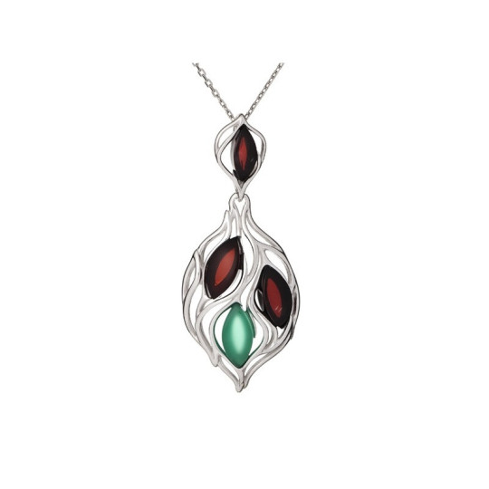 Pendentif ambre naturel et agate, argent 925 rhodié, diamètre 1,8x4,3 cm