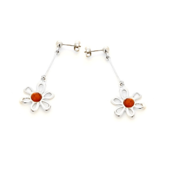 Boucles d'oreilles pendantes fleurs en ambre cognac naturel rond, en argent 925