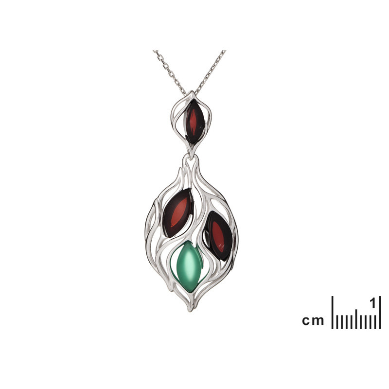 Pendentif ambre naturel et agate, argent 925 rhodié, diamètre 1,8x4,3 cm