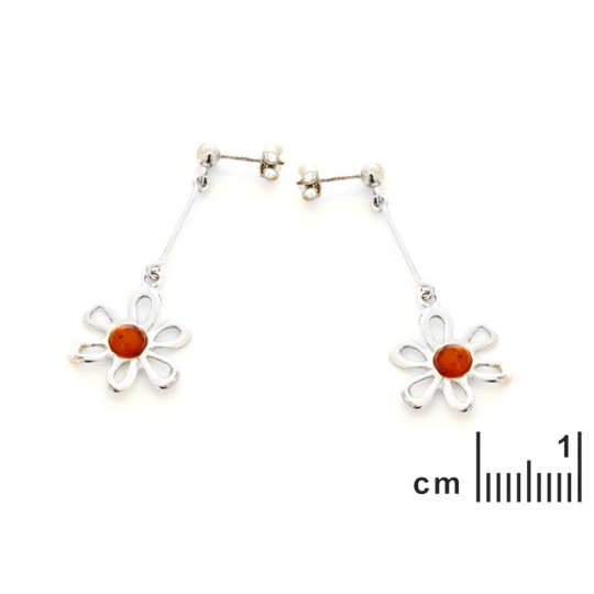 Boucles d'oreilles pendantes fleurs en ambre cognac naturel rond, en argent 925