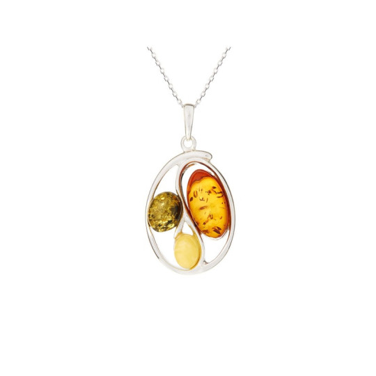 Pendentif en ambre multicolore naturel, argent 925 rhodié, diamètre 2x2,8+1 cm