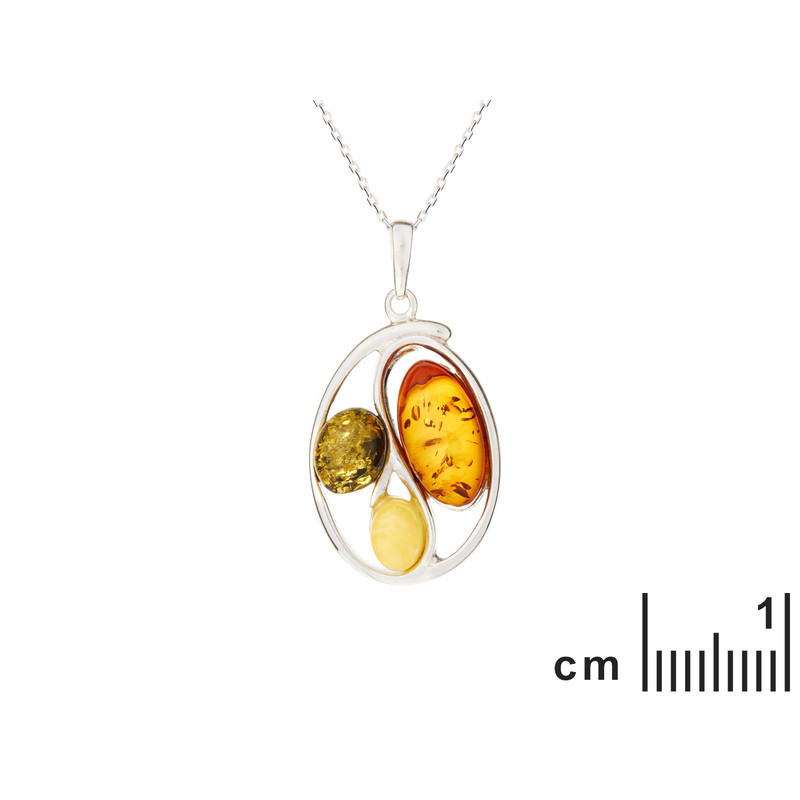 Pendentif en ambre multicolore naturel, argent 925 rhodié, diamètre 2x2,8+1 cm